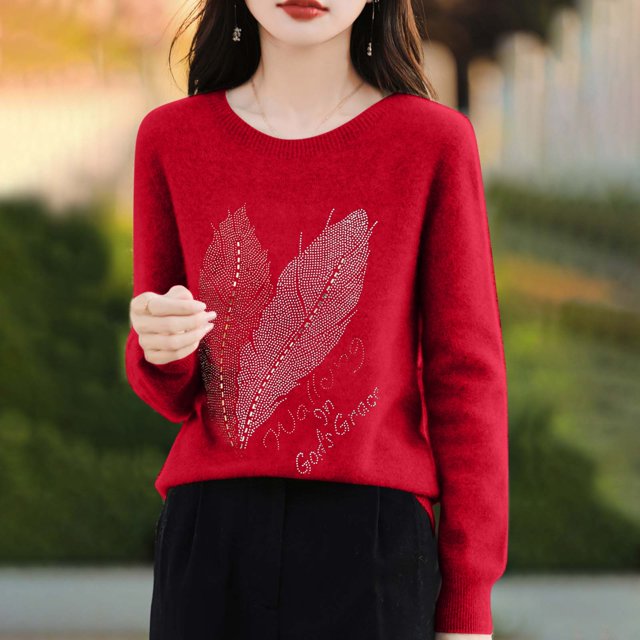 Suéter de cuello redondo para mujer, color liso, cuello redondo con diamantes de imitación como base, suéter de punto de manga larga y cuello redondo, blusa para mujer
