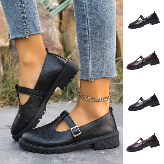 Women's Mary Jane Shoes, Retro Buckle Platform Loafers, Wide Width Non-Slip Casual Flats, Comfortable Chunky Sole Walking Shoes for Spring Summer Daily Wear