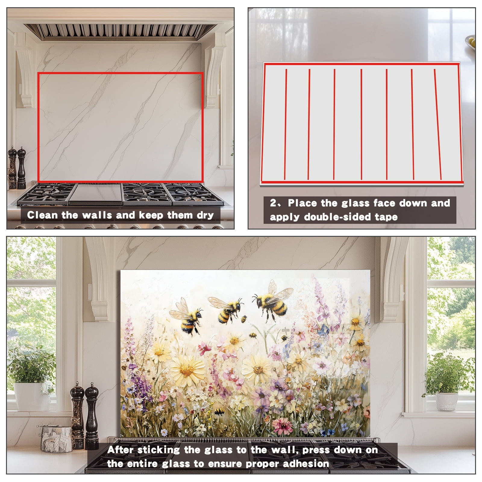 Bees and Flowers Tempered Glass Backsplash For Kitchen Behind Stove,Stove Back Top Cover,Easy to Clean Glass Splashback, Sink Cover Splash Guard,Home Kitchen Wall Decor