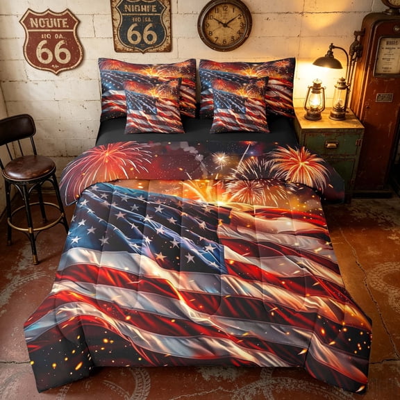 Manfei Realistic American Flag Twin Bedding, Fireworks Bedding Comforter Set, Red White Blue, Black Reversible 7pcs