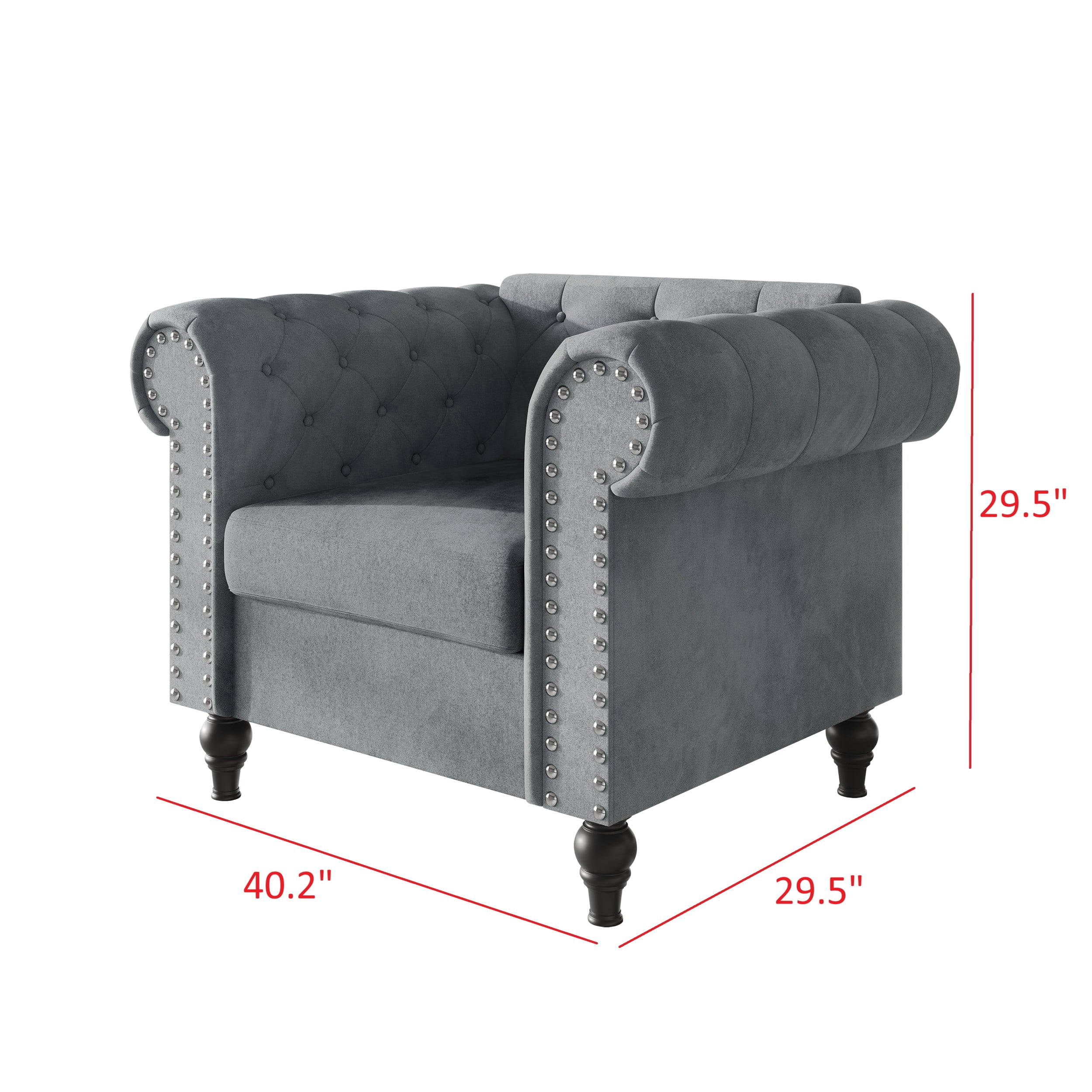 Home Design Kelso Velvet Rolled Arm Chair with Deep Button Tufting, Nailhead Trim and Turned Legs, Gray
