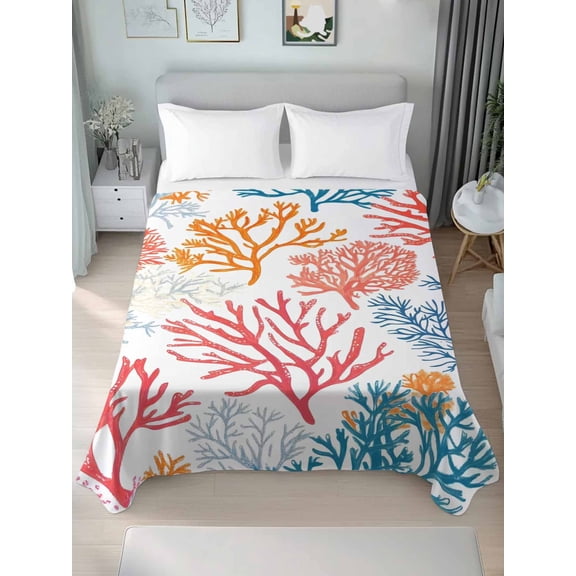Colorful Coral California King Size Flat Sheet, Wrinkleproof & Fadeproof Cooling Flat Bed Sheet Only, Coastal Ocean Abstract Gradient Sea Breathable Soft Bedding Top Sheets 108 x 98 Inches