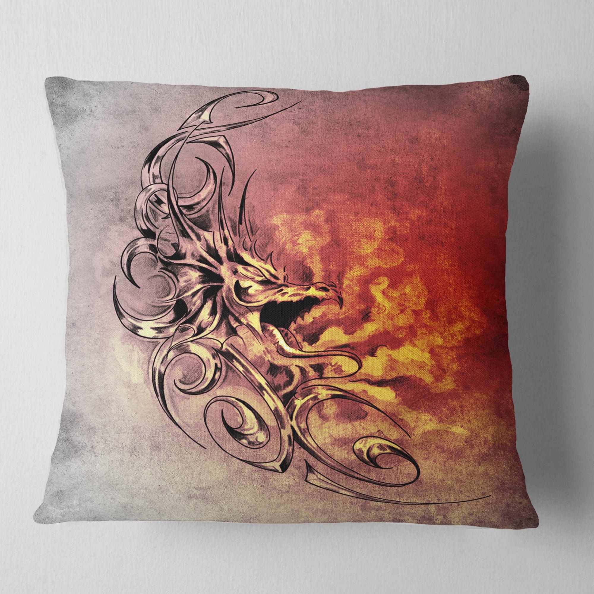 Designart Medieval Dragon Tattoo Sketch - Abstract Throw Pillow - 16x16
