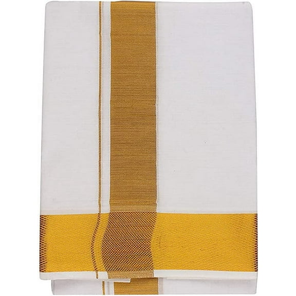 Stylesindia Men's Cotton Double Layer White Dhoti with Broad Golden Zari Border - 3.60 Meters Length Veshti Mundu (White)