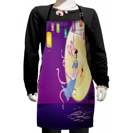 

Asian Kids Apron Chinese Woman Flying on Ocean with Lanterns and Full Moon Cartoon Boys Girls Apron Bib with Adjustable Ties for Cooking Baking Painting Purple and Multicolor by Ambesonne