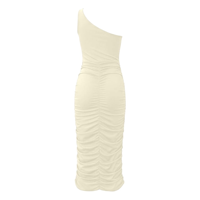 Telankuip Women's Bodycon One Shoulder Sleeveless Graduation Dress Summer Elegant Solid Color Ruched Midi Club Party Dresses Stretch Slim for Daily Wear and Graduation Season Beige M