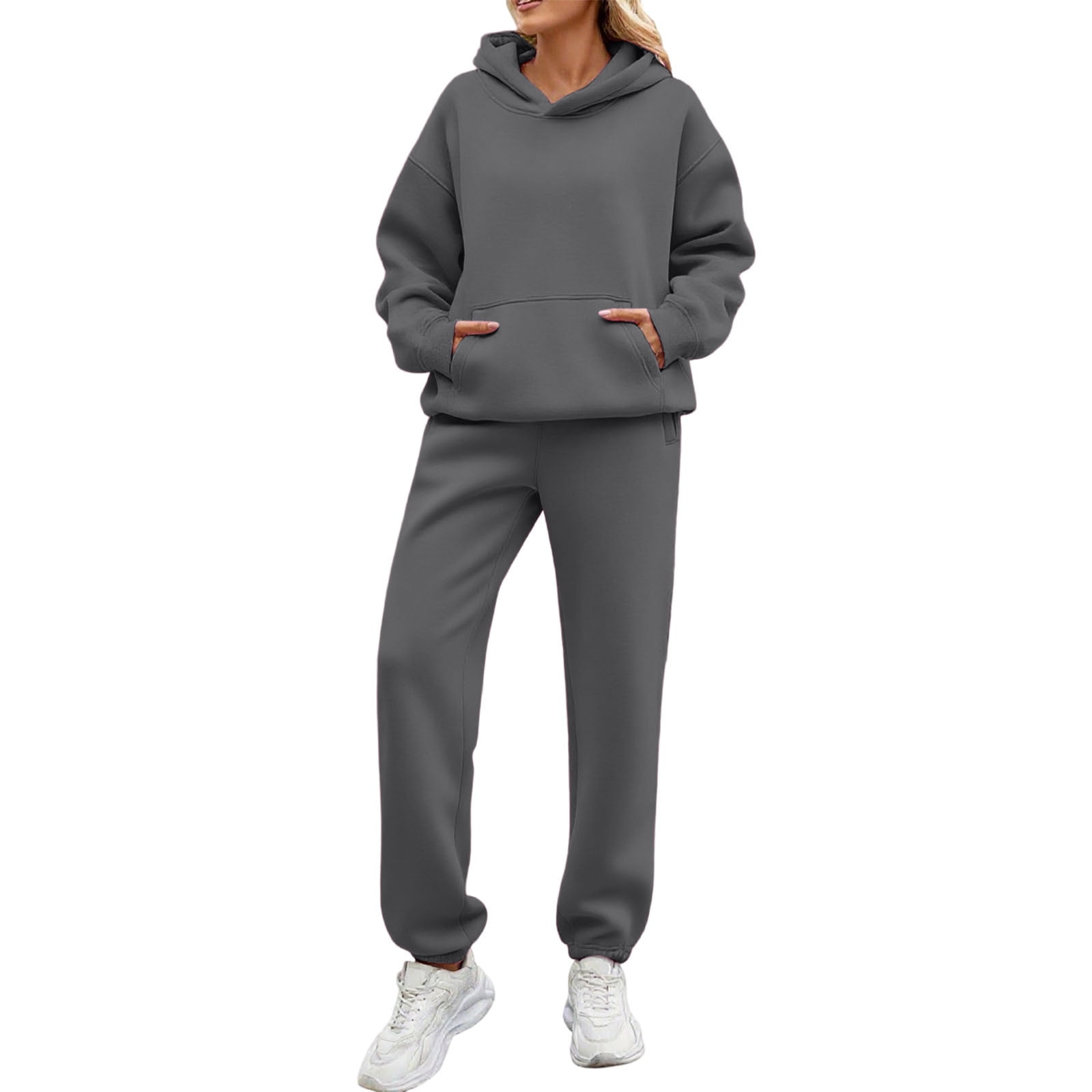 UPPADA 2 Piece Set for Women Casual Two Piece Outfits Lounge Set Trendy Hoodies Matching Comfy Set and Jogger Suits Long Sleeve Sweatshirts Sweatpants Set Dark Gray,M