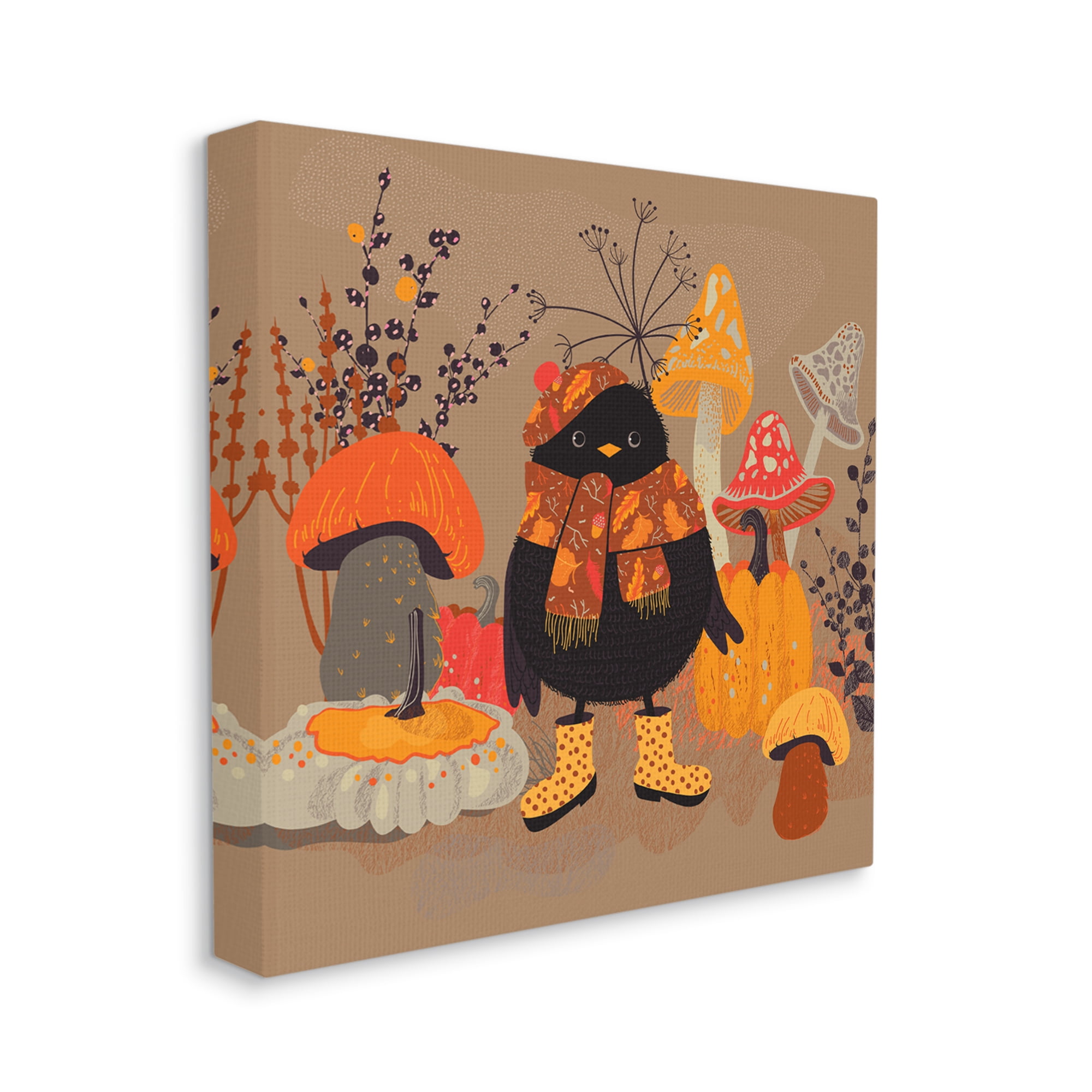 Stupell Industries Cozy Crow with Mushrooms Animals & Insects Painting Gallery Wrapped Art Print Wall Art, 30 x 30