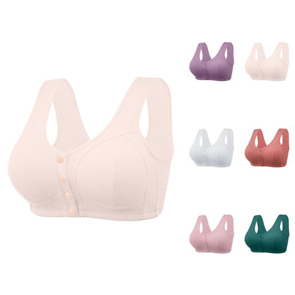 Front Closure Bras for Older Women Front Snap Wide Strap Ribbed Wireless Comfortable Bralettes Everyday Bra