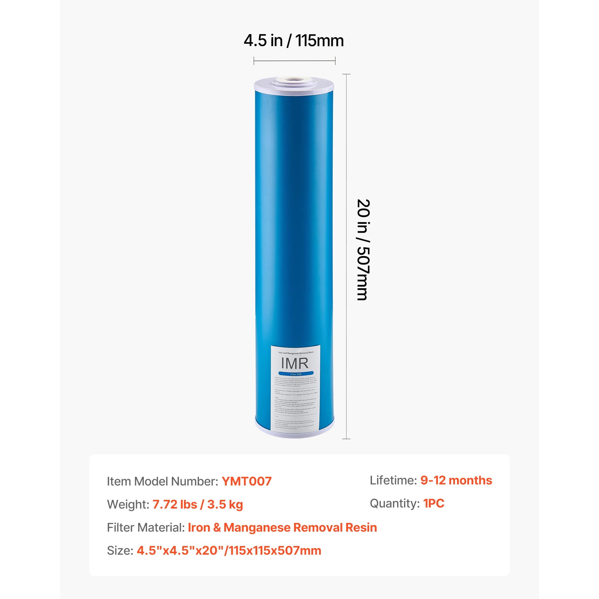 KFFKFF Whole House Water Filter Replacement Cartridge, 4.5" x 20" Iron & Manganese Reduction Filter for 3-Stage Home Filtration System, Minimizes Chlorine, Unpleasant Taste, and Odors