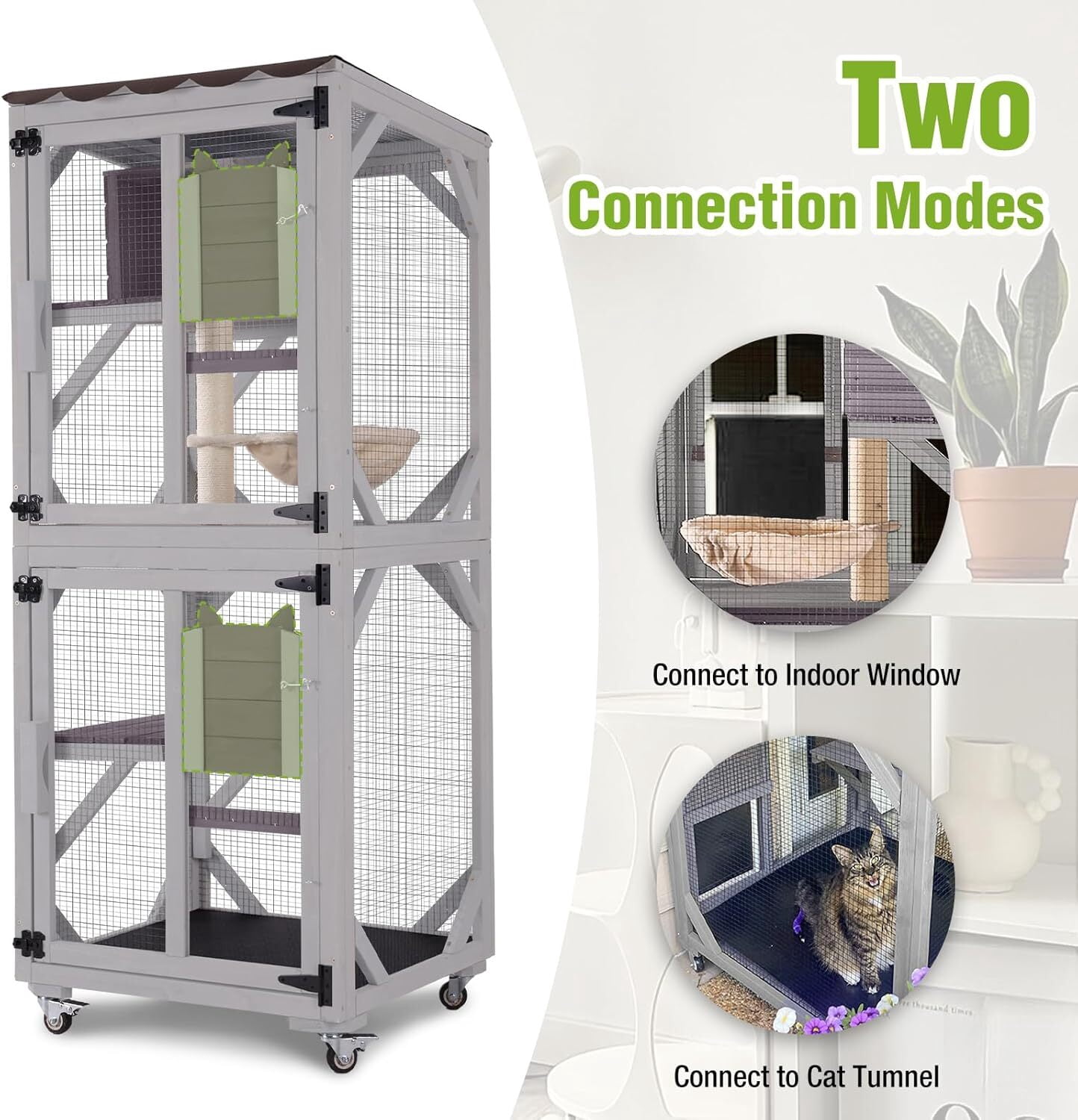 MEDEHOO Catio Outdoor Cat Enclosure - 62.5" Large Walk in Cat Cage on Wheels, Multi-Level Kitty House with Cat Scratching Post, PVC Layer, and Waterproof Roof Gray