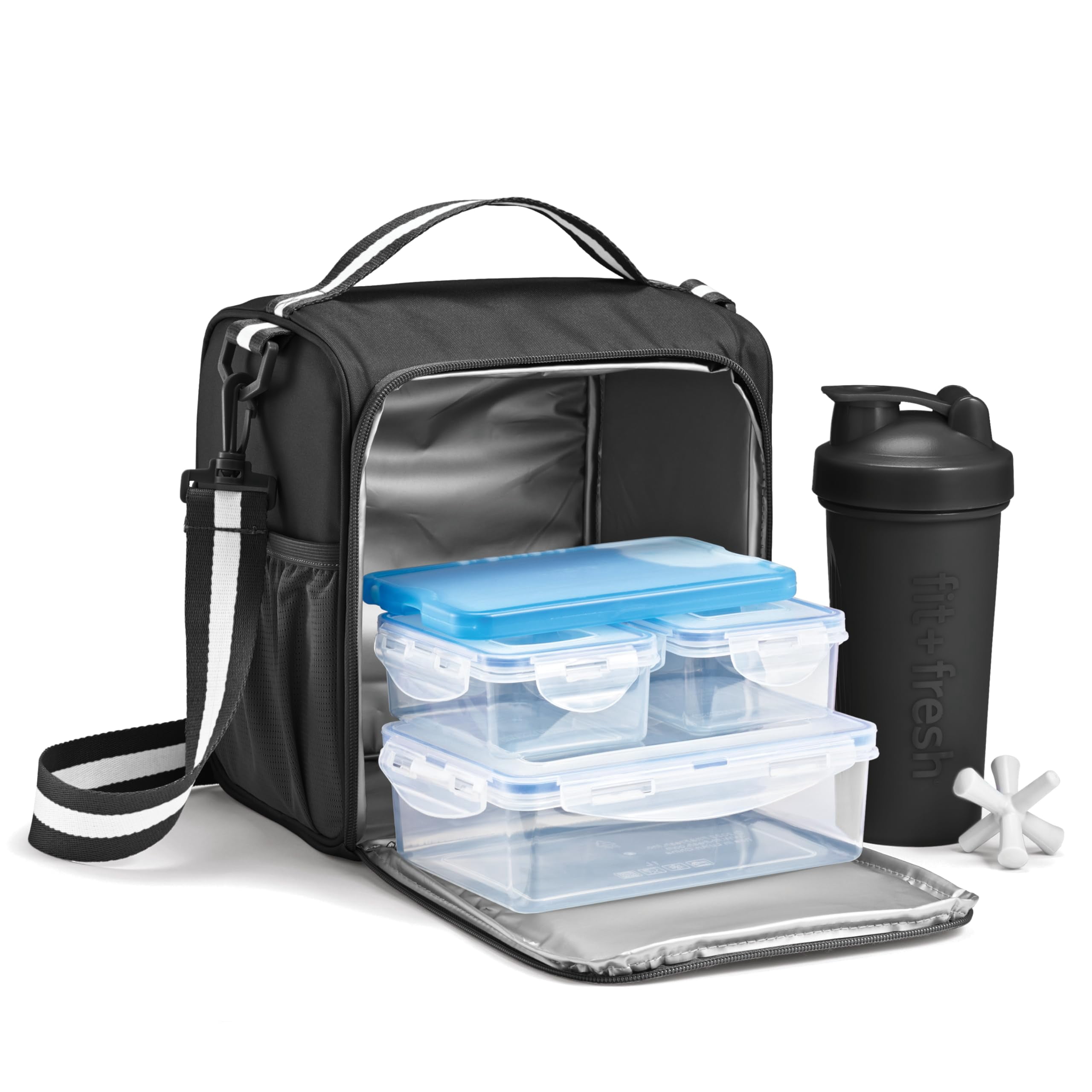 Fit + Fresh 6 pc Meal Prep Lunch Box With Containers, Ice Pack, and Shaker Bottle For Adults, Black