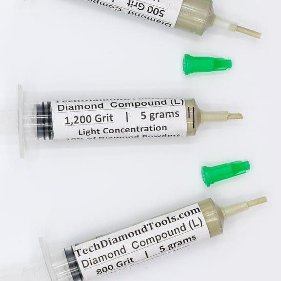 TechDiamondTools Diamond Lapping Paste Set of 3 Syringes X 5 Grams (L), Polish Lapping Compound, Sizes 500 800 1200 Grit, Mesh - With Light(10%) Concentration of Diamond Powders