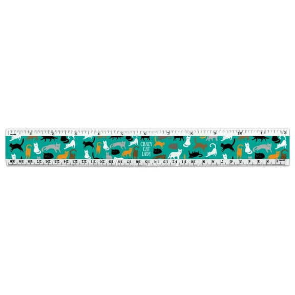 Crazy Cat Lady Teal Orange Black Brown 12 Inch Standard and Metric Plastic Ruler