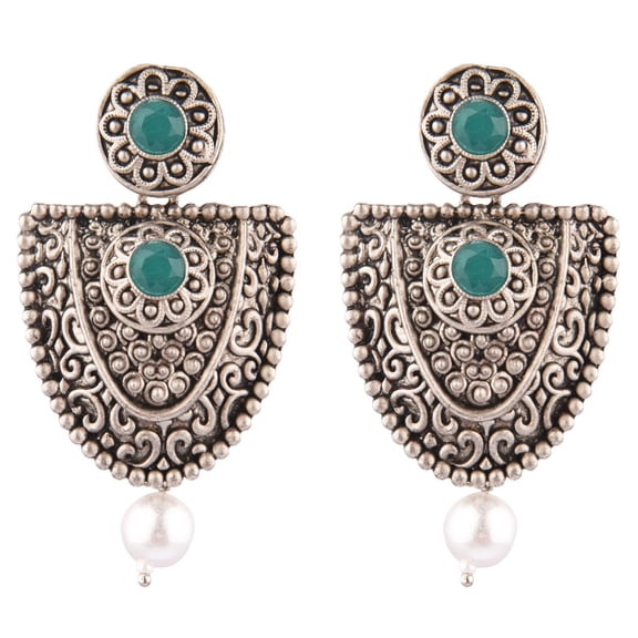 Efulgenz Indian Oxidized Jewelry Boho Vintage Tribal Antique Crystal Dangle Faux Pearl Drop Statement Earrings for Women, Green