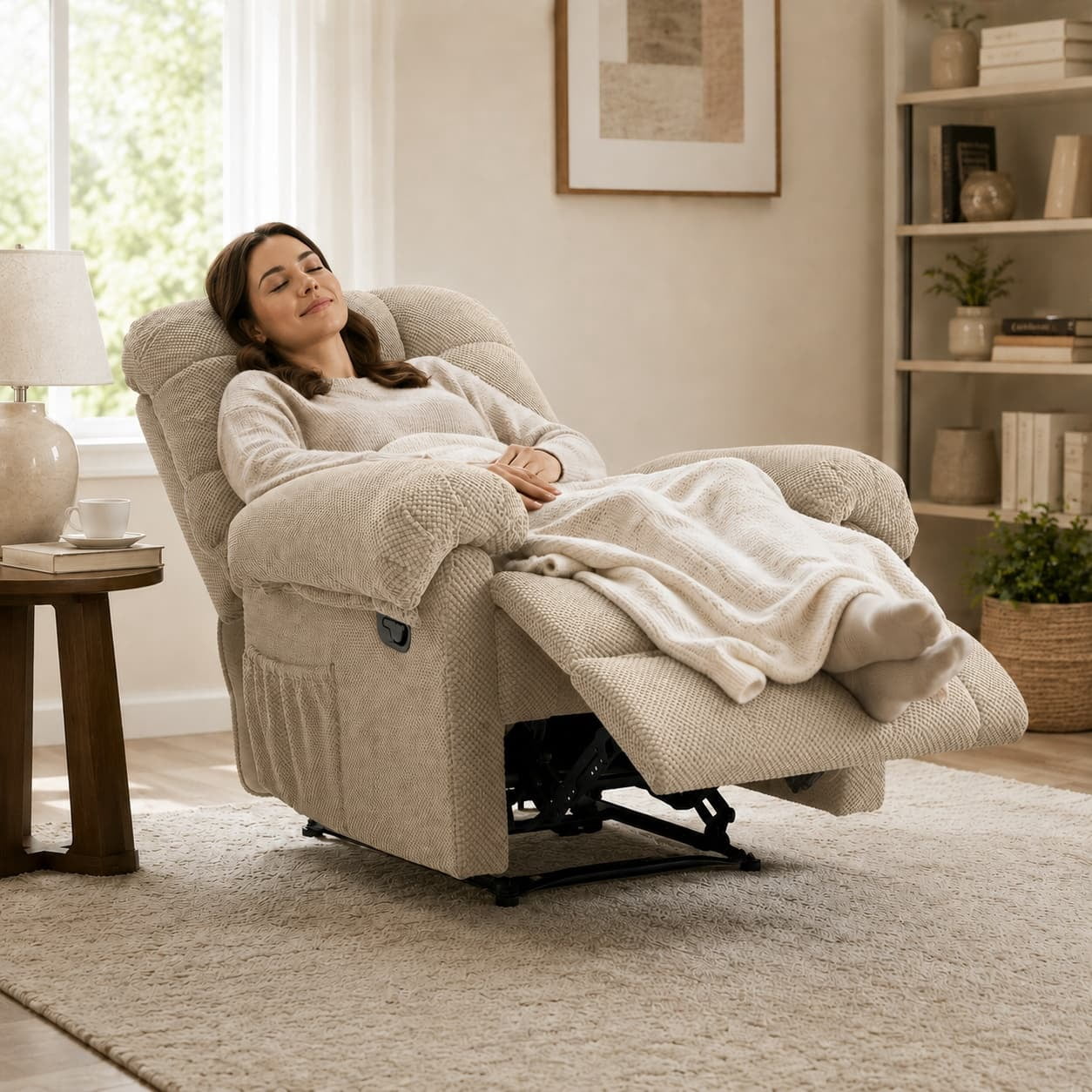 Aukfa Overstuffed Manual Recliner Chair, Upholstered Glider Lounge Armchair with Footrest for Bedroom Reading,Camel