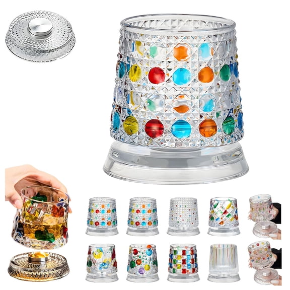 Hand-Painted Embossed Rotating Whiskey Glass, Crystal Tumbler, 360° Spin Base, Unique Barware Gift for Men, Bourbon Scotch Cocktail