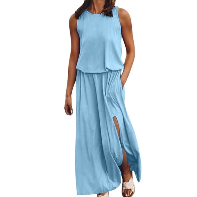 B91xZ Robes Printemps Été pour Femmes Col en V Taille Empire Robe Sans Manches Été Décontractée à Volants Midi, Bleu TTG
