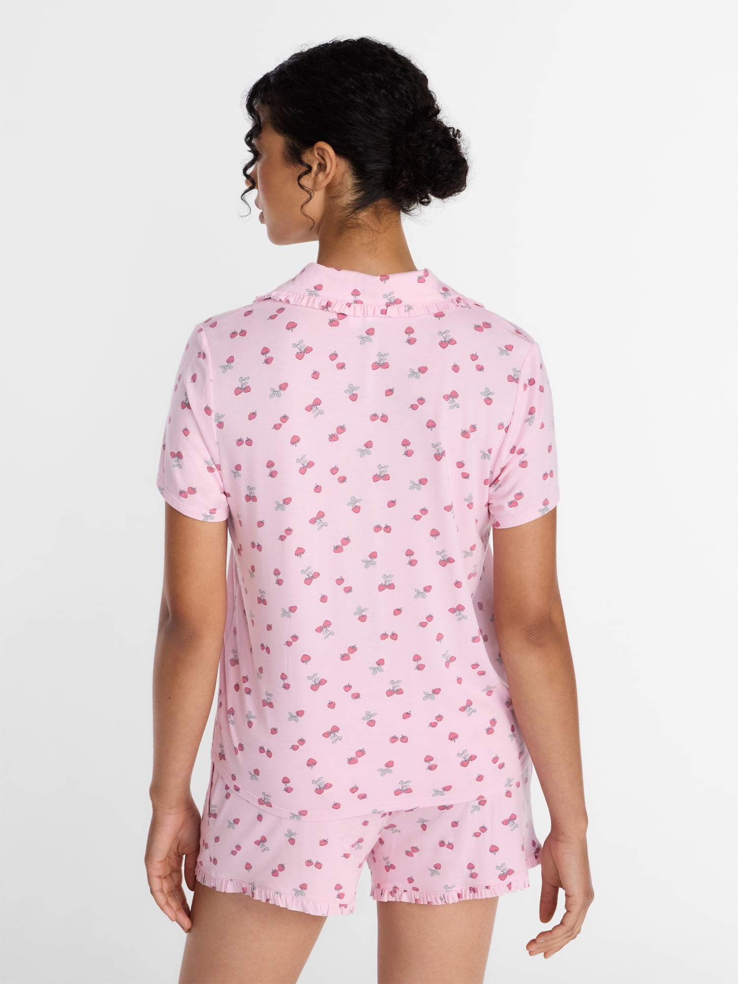 Joyspun Women’s Modal-Blend Ruffle Trim Notch Collar Top and Shorts Pajama Set, 2 Piece, Sizes XS-3X