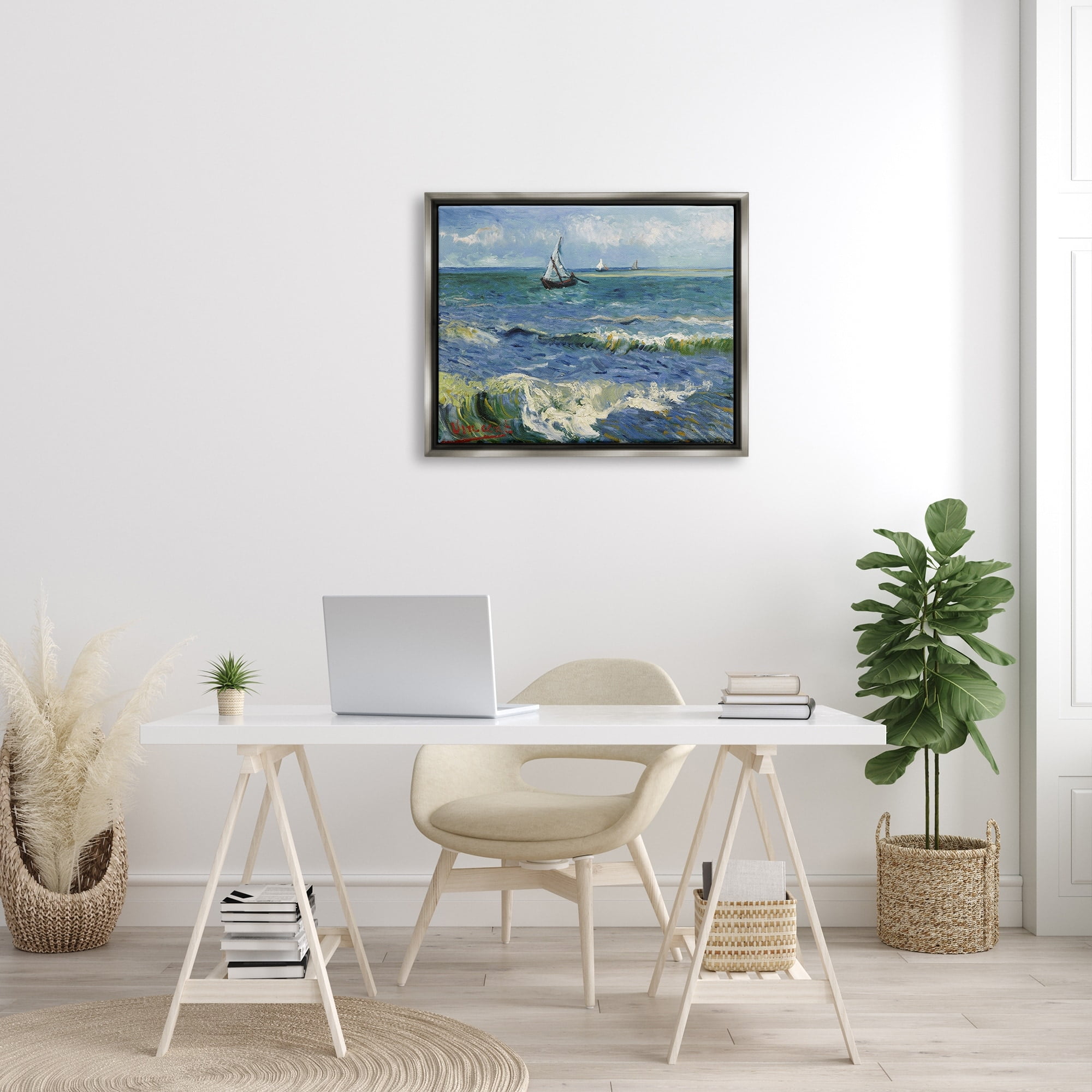 Stupell Industries The Sea at Les Saintes-Maries-de-la-Mer Vincent van Gogh Painting Painting Luster Gray Floating Framed Canvas Print Wall Art, Design by one1000paintings