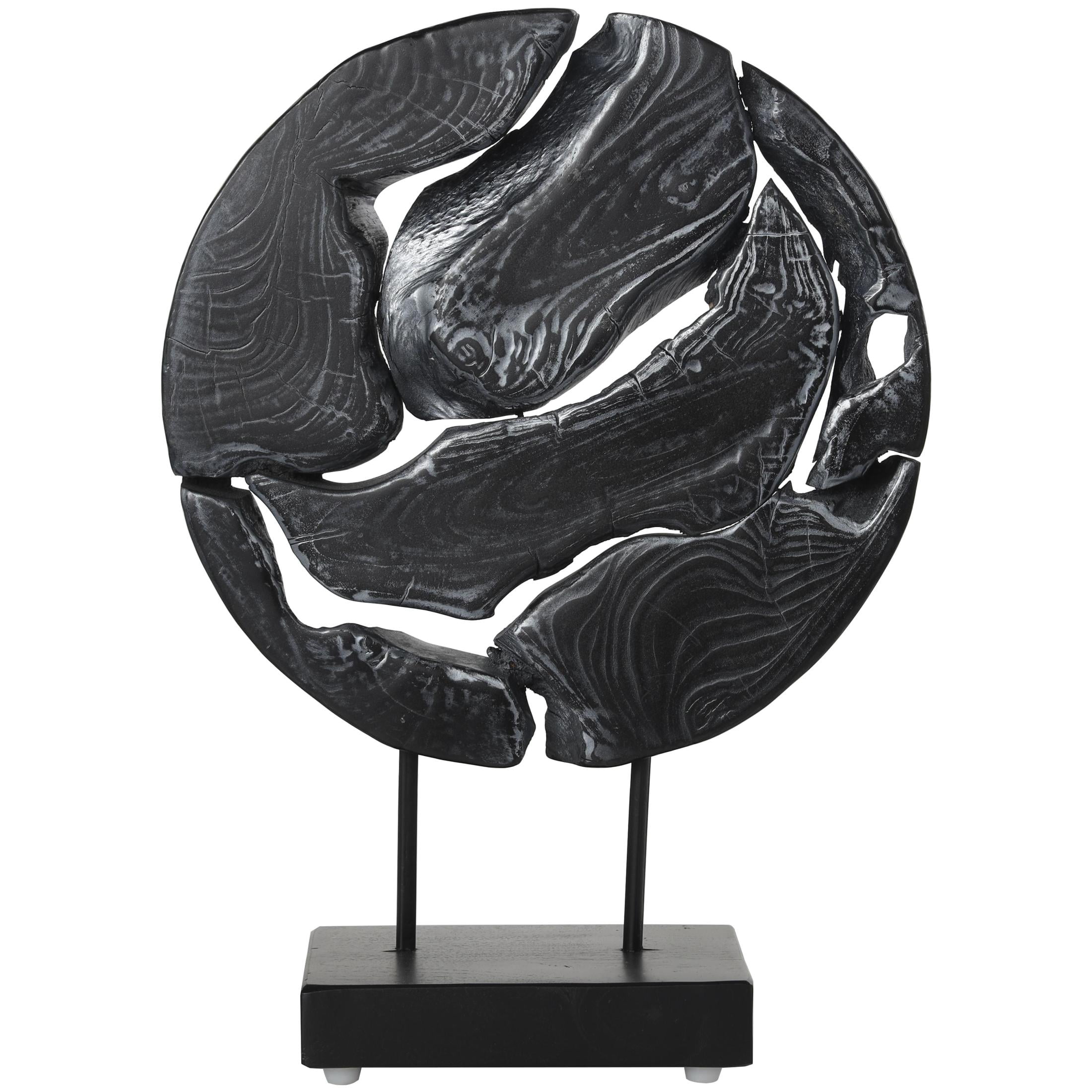 14" x 19" Black Teak Wood Circular Cutout Abstract Sculpture with Natural Wood Grain Patterns and Black Base, by DecMode