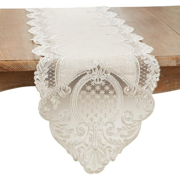 Fennco Styles Embroidered Lace Design Table Runner 16" W X 120" L - Natural Charming Table Cover for Everyday Use, Banquets, Weddings and Special Occasions