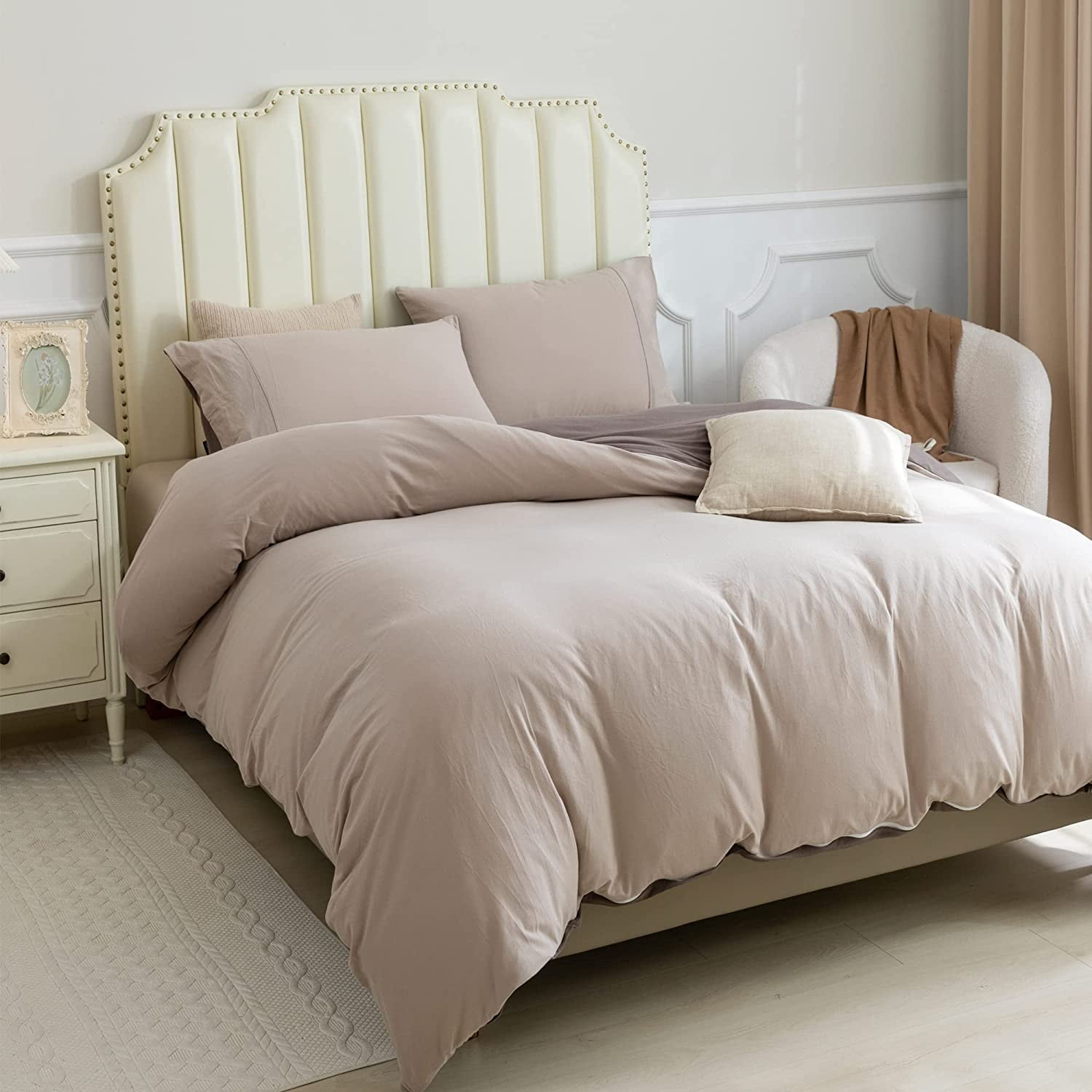 PURE ERA 3pc Duvet Cover Set-Jersey Knit Cotton 100% T-Shirt Cotton-Reversible Cover Super Soft Stretchy-King Size,Solid Brown/Tan