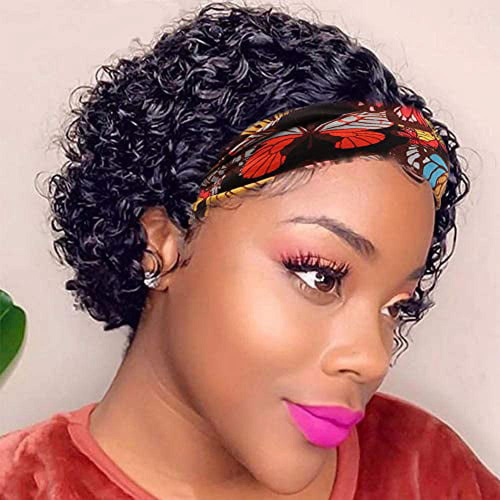 #1B Headband Wig Pixie Cut Curly Headband Wig Human Hair Glueless Pixie Wigs Curly Headband Wigs for Black Women Human Hair Brazilian Virgin Short Curly Human Hair Wigs