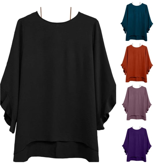 CAIVO Women Shirts Casual Summer Solid Color Loose Fit Round Neck Tops With Ruffle Sleeves For 3/4 Sleeve Stylish Shirts