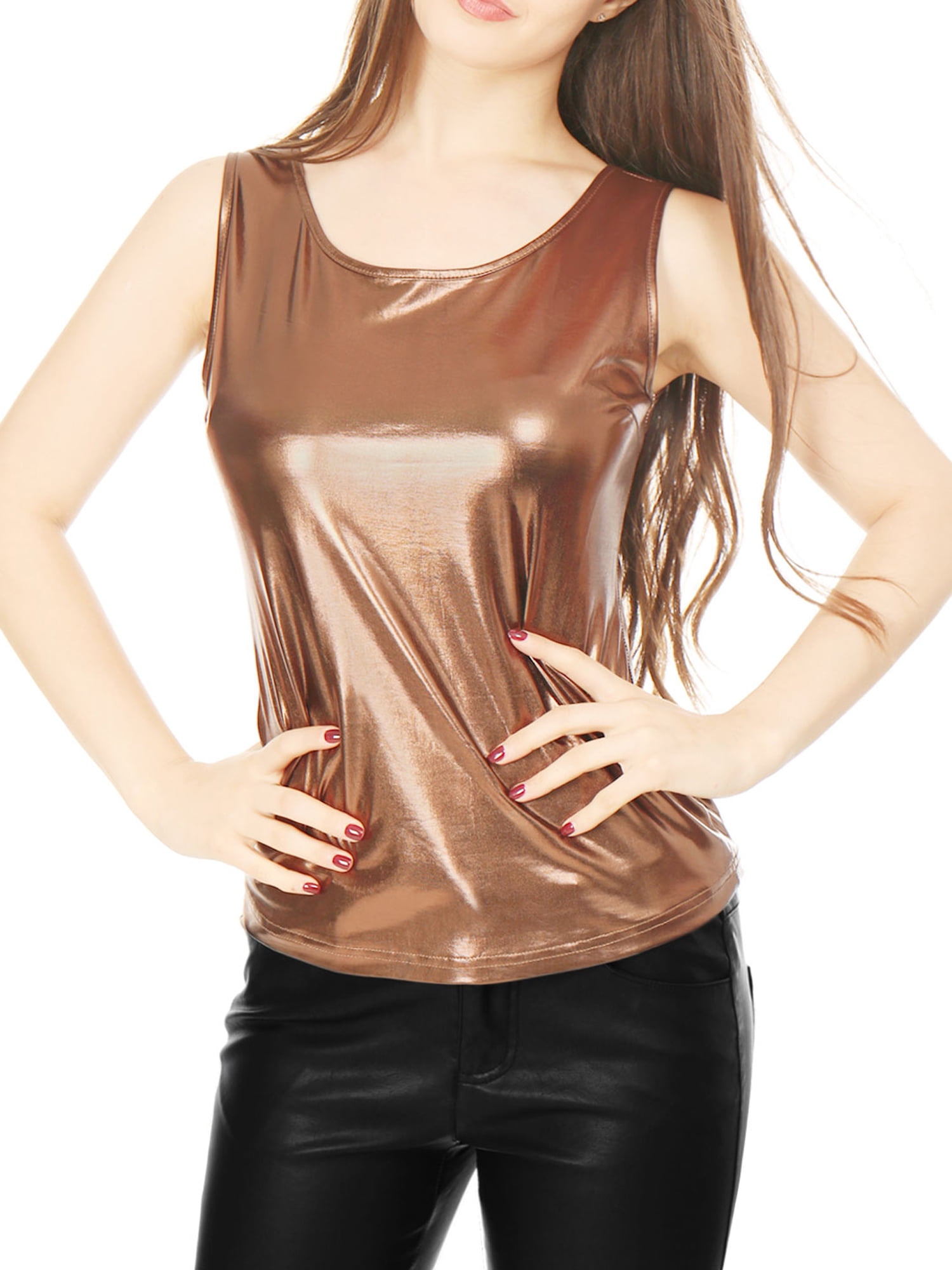 Unique Bargains Women's Stretch Metallic Sleeveless U Neck Tank Top