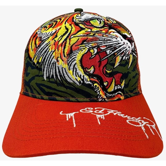 Ed Hardy Trucker Hat Embroidered Tattoo Screaming Tiger Orange Snapback Mesh Cap