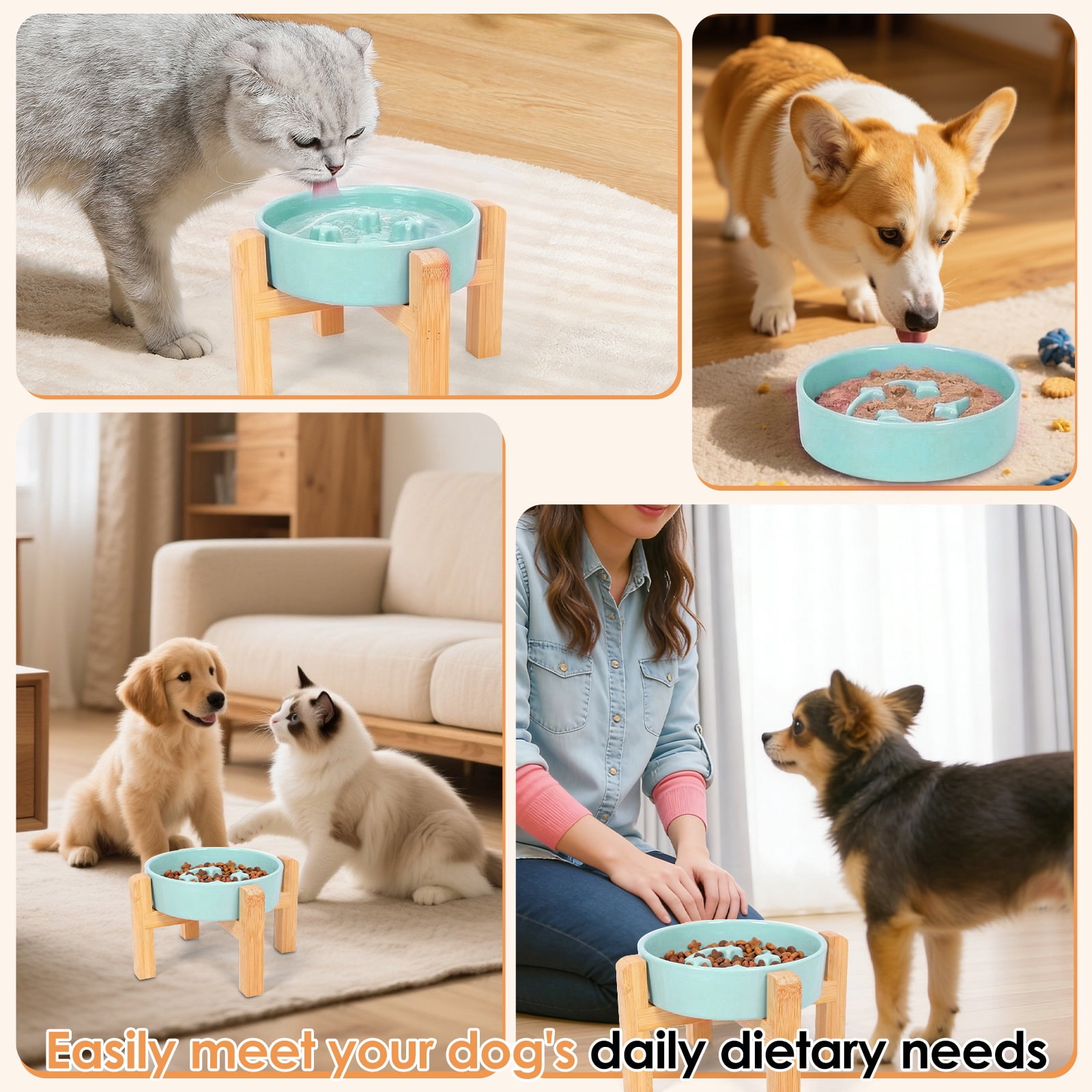 Threns Ceramic Slow Feeder Bowl, Slow Feeding Food Dish with Bamboo Stand for Dogs Cats, Anti-Gulping, Stop Bloat, Preventing Choking