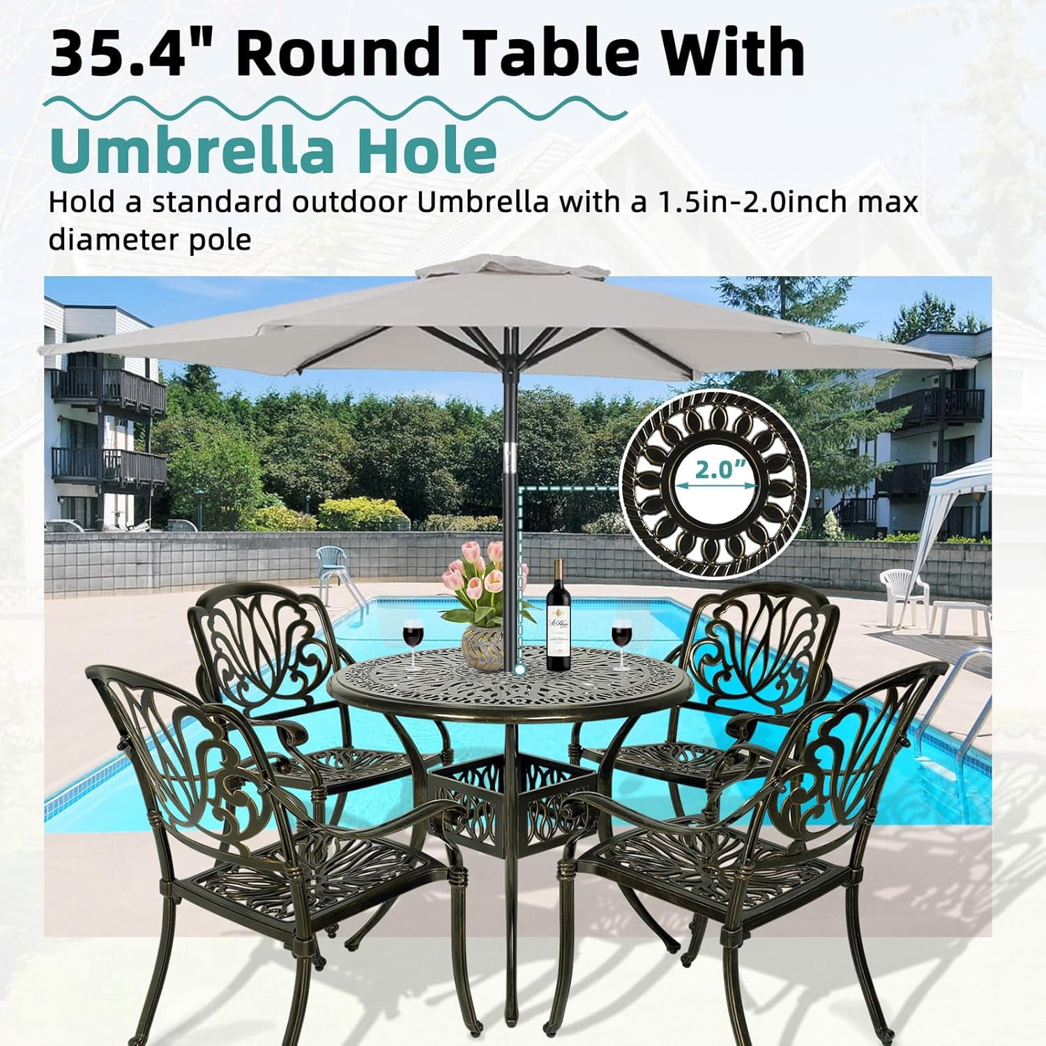 MEETWARM 5 Piece Patio Dining Set, Outdoor All-Weather Cast Aluminum Dining Table Set, Patio Furniture Set for Backyard Garden Deck, Include 4 Chairs and 1 Round Table with Umbrella Hole