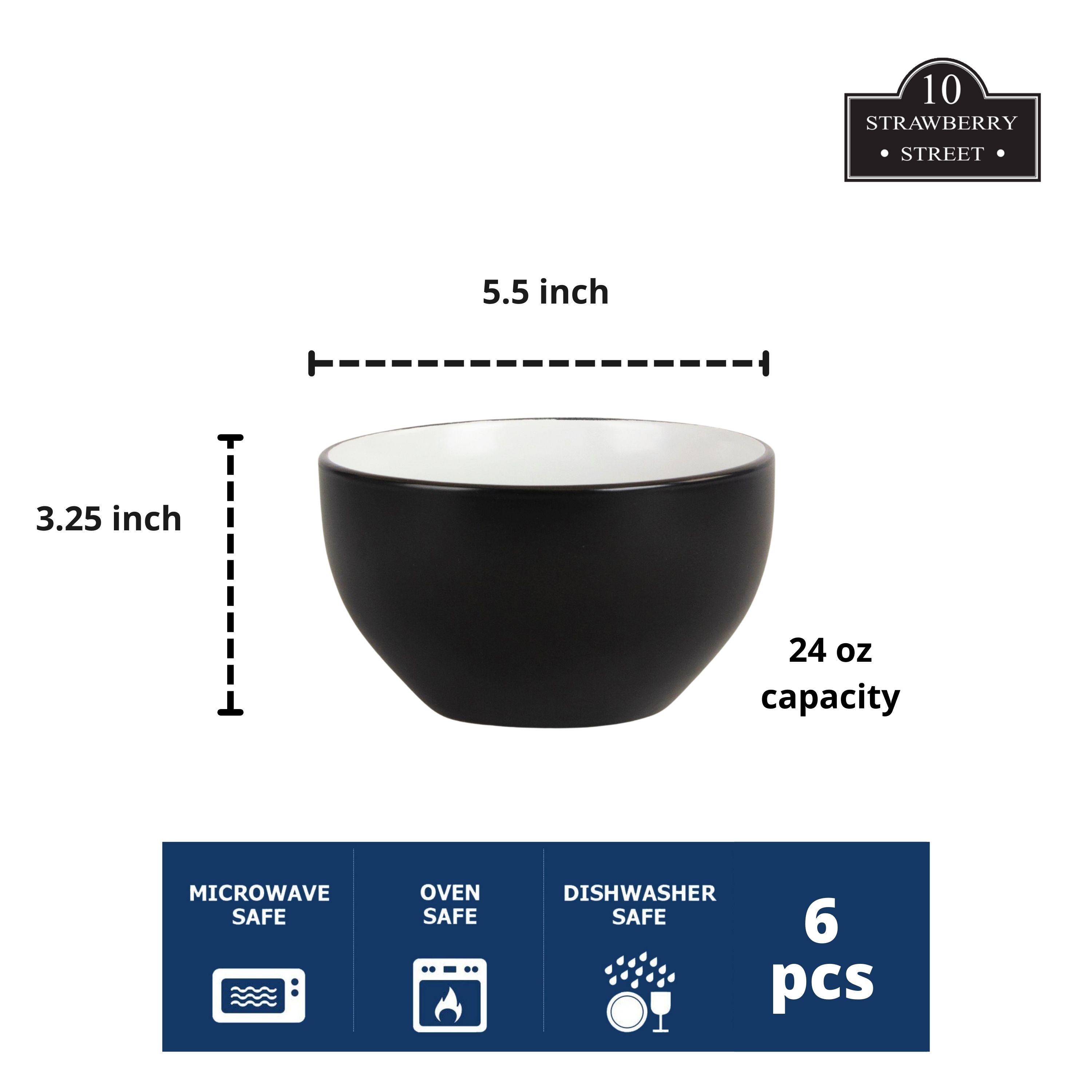 10 Strawberry Street Two Tone Coupe 5.5”/24 Oz. Cereal Bowl Set Of 6, Black/White