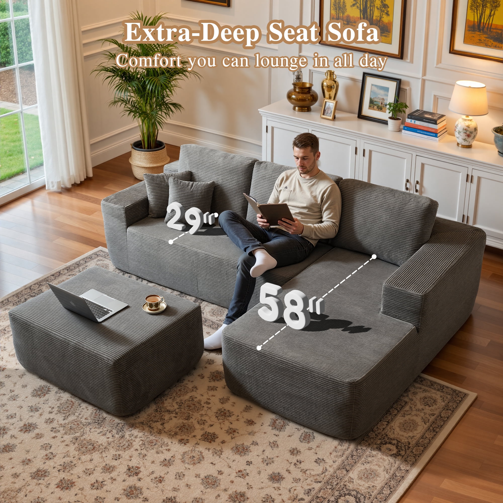 Ovios 106" Cloud Sofa Couch No Assembly Boneless Deep Seat Sofa with Ottoman for Living Room, Gray (Corduroy)