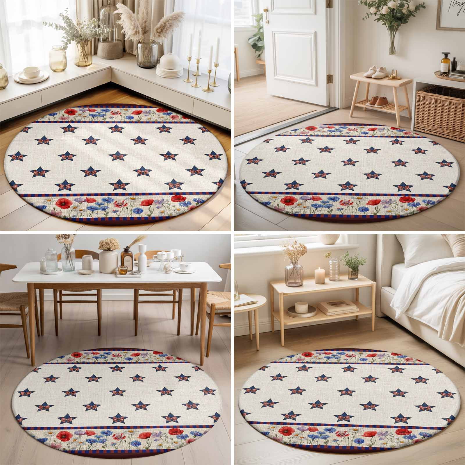 Round Area Rugs 5Ft, American Star Poppy Non-Slip Washable Circle Rugs Carpet, Farmhouse Independence Day Indoor Outdoor Rug Floor Mats Throw Runner for Bedroom Living Room Bathroom