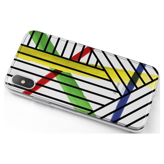 DistinctInk Clear Shockproof Hybrid Case for iPhone X / XS (5.8" Screen) - TPU Bumper, Acrylic Back, Tempered Glass Screen Protector - Abstract Lines and Paint Swatches