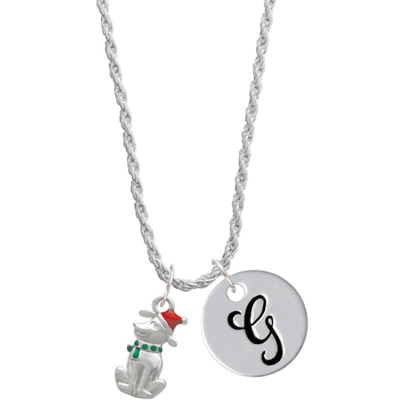 Delight Jewelry Silvertone 2-D Christmas Dog with Red Hat Silvertone Script Initial Disc - G - Charm Necklace, 20"+3"
