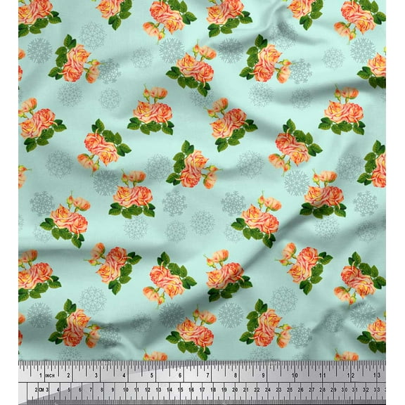 Soimoi Green Cotton Duck Fabric Snowflake & Grandiflora Roses Floral Decor Fabric Printed Yard 42 Inch Wide