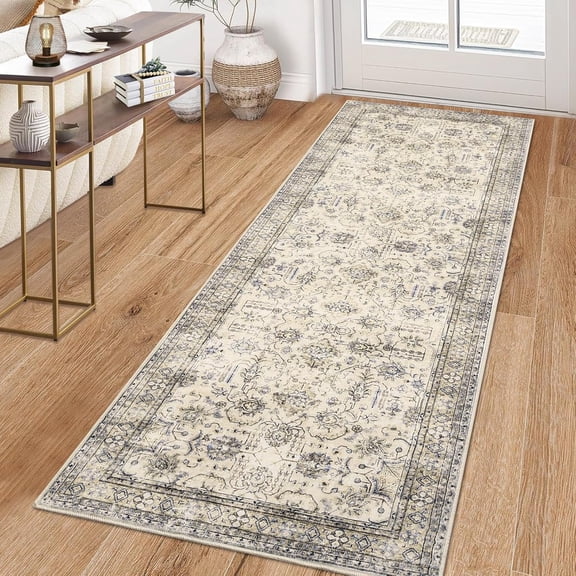 2x6 Bordered Abstract Runner Rug, Non Slip Washable Low Pile Soft Carpet for Hallway Kitchen Entryway,Beige