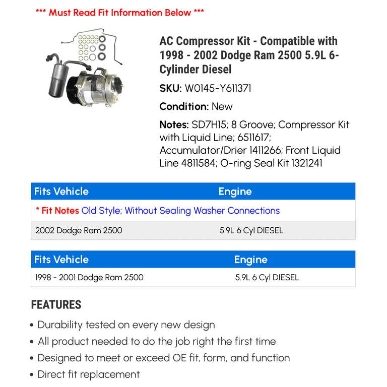 A/C Compressor Kit Fits Dodge Ram 1500 2500 3500 1998-2002 A/C Compressor Kit Fits Dodge Ram 1500 2500 3500 1998-2002