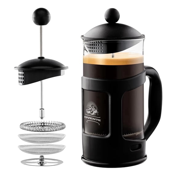 OVENTE 34 oz French Press Coffee Maker, 4-Level Stainless Steel Filter, Borosilicate Glass, Dishwasher Safe, Hot & Cold Brew, Portable for Travel & Camping, Black, FPT34B
