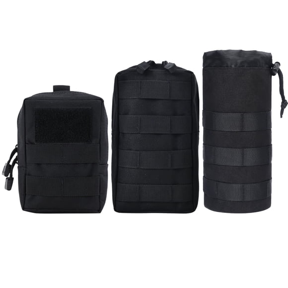 Tactical MOLLE Pouches 3 Pack, Military Water Bottle Holder Utility Waist Bag Set, Outdoor EDC Gear Attachment Bags, Black Modular Storage System for Hiking Camping
