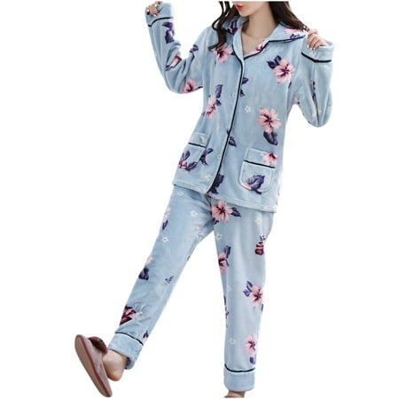 

Women S Sleepwear Women S Winter Coral Fleece Suit Flowers Print Pajamas Cute Home Service Womens Sleepwear Polyester Blue M