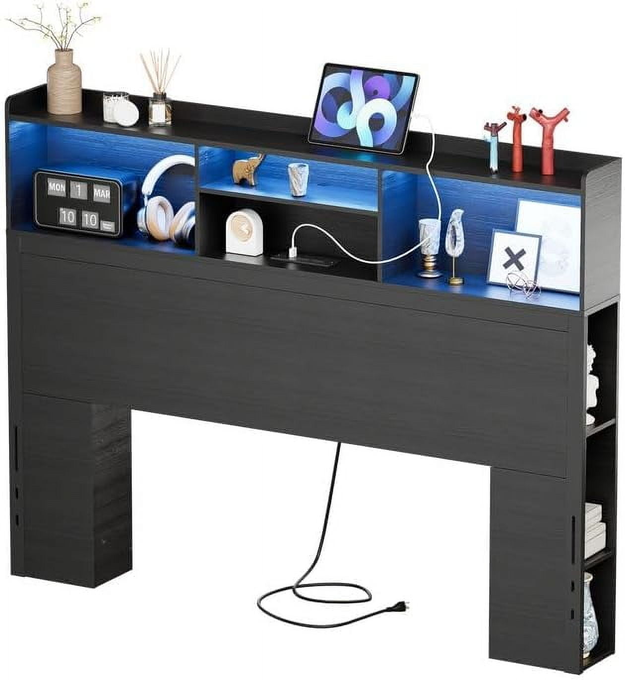 PAKASEPT Queen Headboard Only for Bedroom, Stylish Bookcase Headboard with Outlets, USB Ports and LED Light, Queen Headboards with Storage, 4-Tier Bookcase Headboard and Side Storage