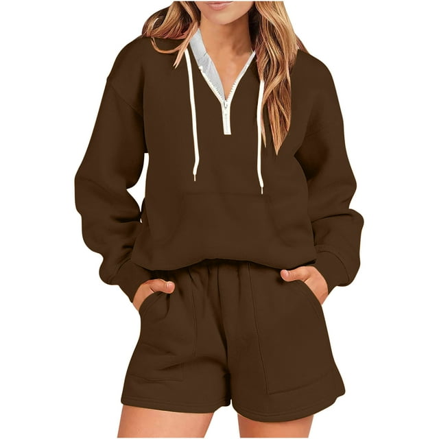 Hot Selling Sportswear For Women Hooded Shorts Set Home Two-Piece Set Coffee S