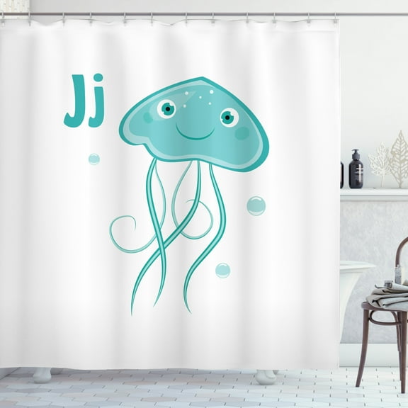 Jellyfish Shower Curtain, Funny Alphabet Learning Illustration of Letter J Cartoon Animal, Fabric Bathroom Set with Hooks, 69W X 84L Inches Extra Long, Seafoam Dark Seafoam White, by Ambesonne