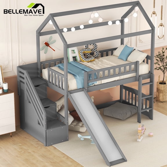 House Loft Bed Twin Size, Twin Loft Bed with Slide, Wood Loft Bed with Storage Stairs, Ladder and Full-Length Guardrail, House Bed/ Slide Bed(Gray)