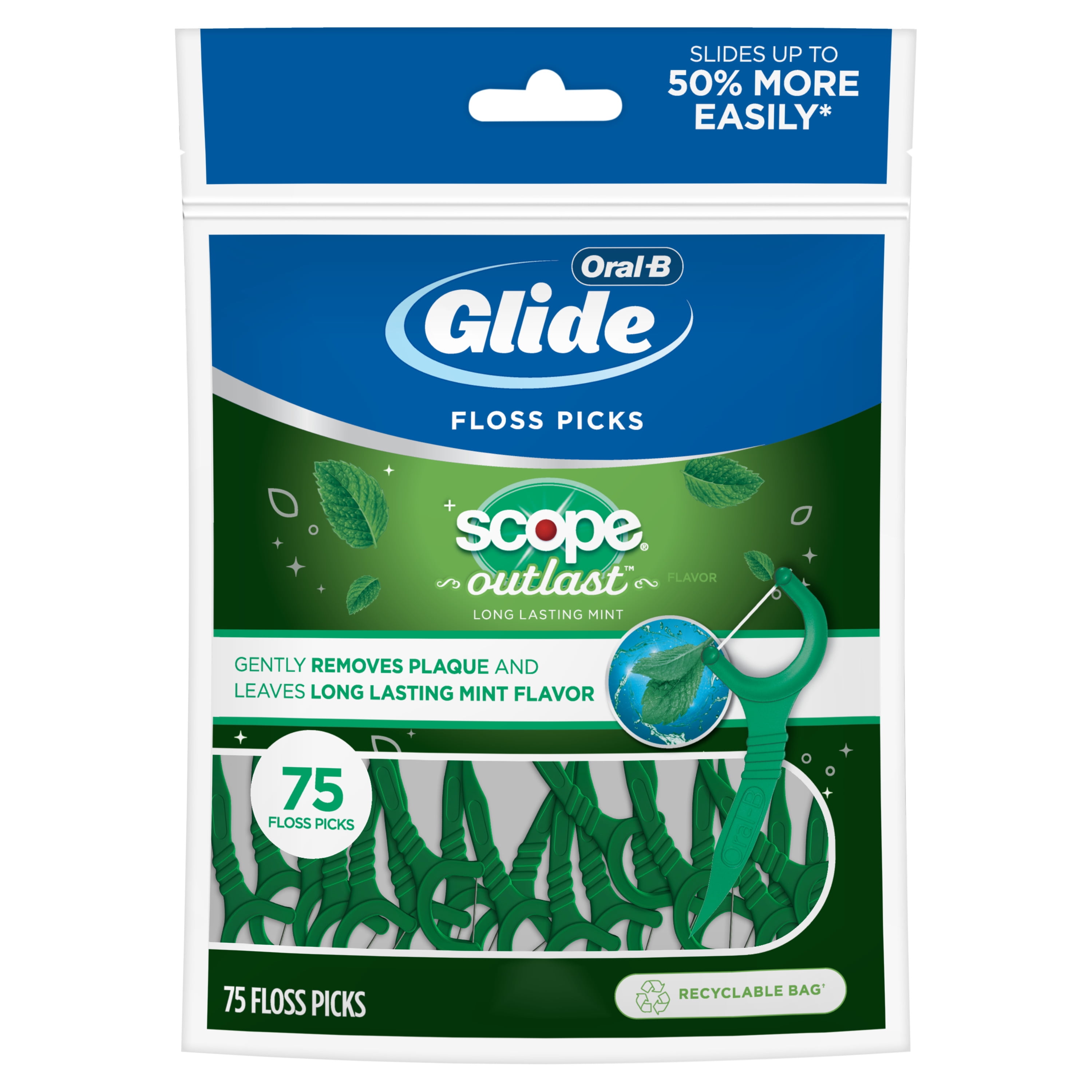 Oral-B Glide Mint Dental Floss Picks with Long Lasting Scope Flavor, 75 Picks