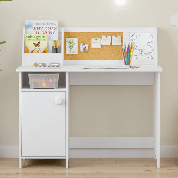 STAROUS Kids Study Desk with Storage, Wooden Table with Hutch Cabinet, Student's Study Computer Workstation Writing Table, White